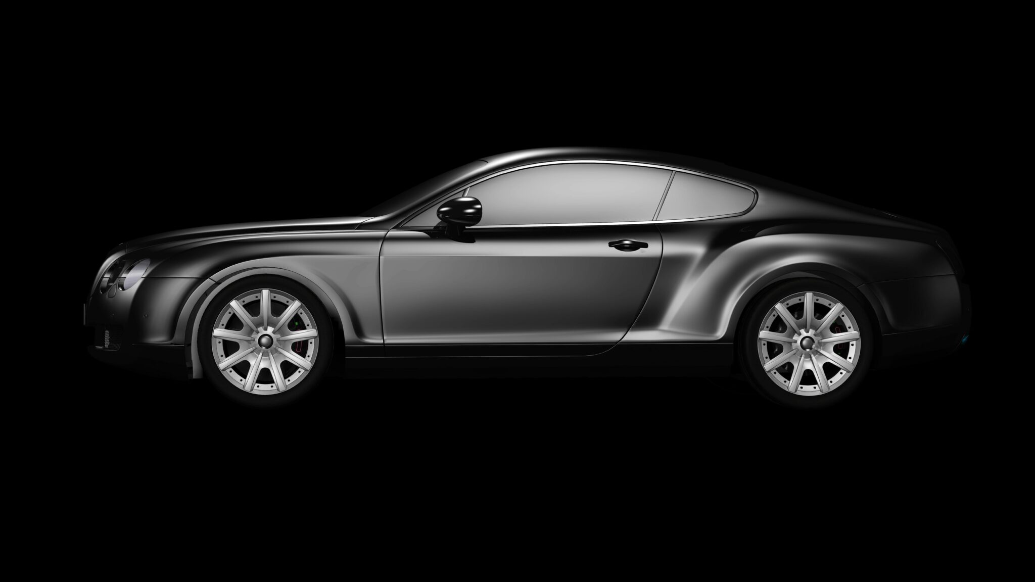 Black luxury coupe, side profile, black background