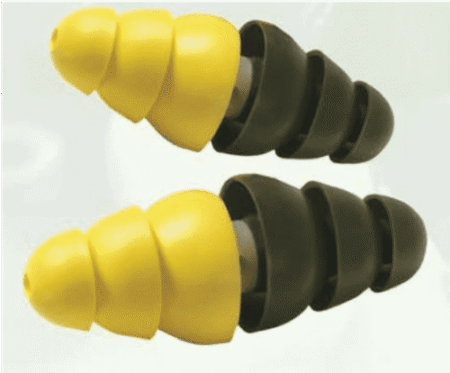 Pair of dual-ended combat earplugs, yellow and olive green.