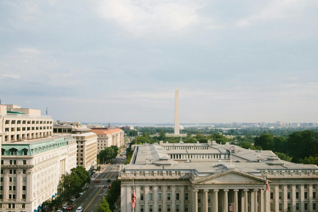 Aerial view of Washington DC skyline with Washington Monument and government buildings