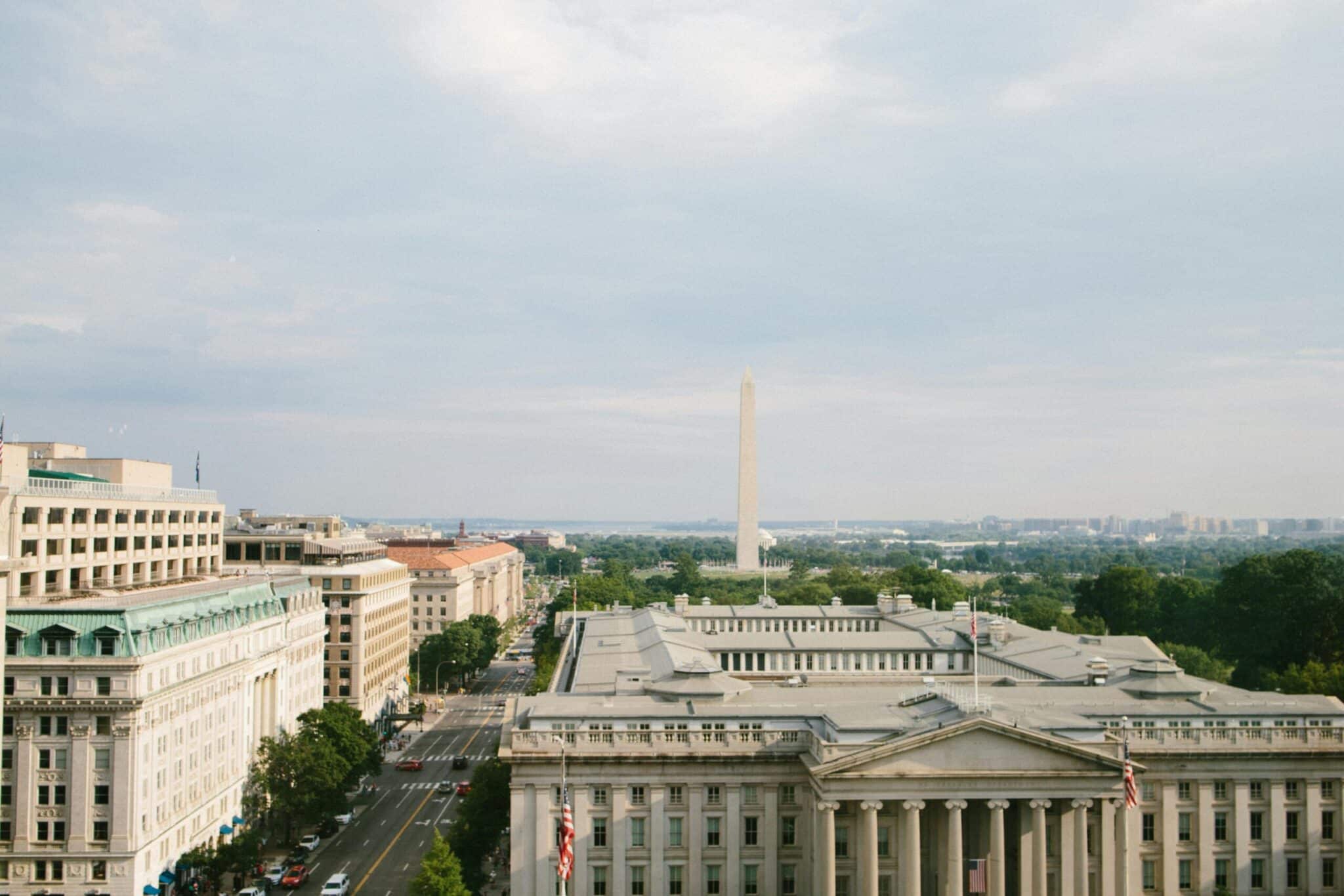 Aerial view of Washington DC skyline with Washington Monument and government buildings