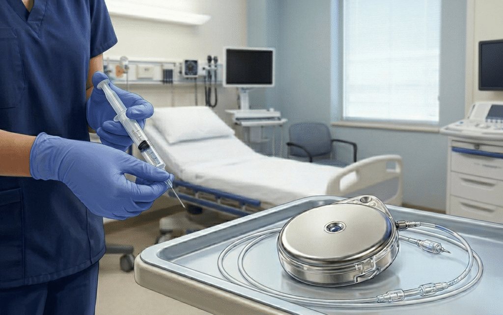 Medical worker holding syringe near intrathecal pain pump device in hospital room