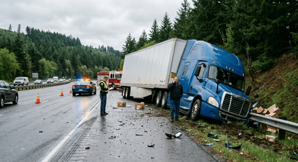 Semi-truck crashed off highway shoulder, police and truck driver at scene, debris scattered on road